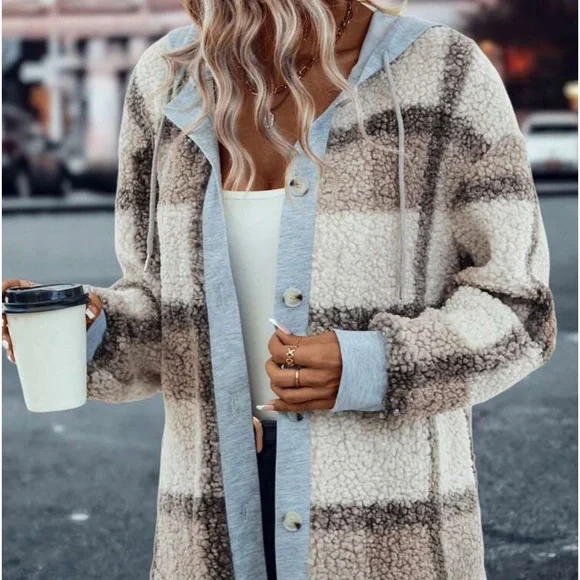 New plaid print hooded Teddy jacket - Picture 3 of 7